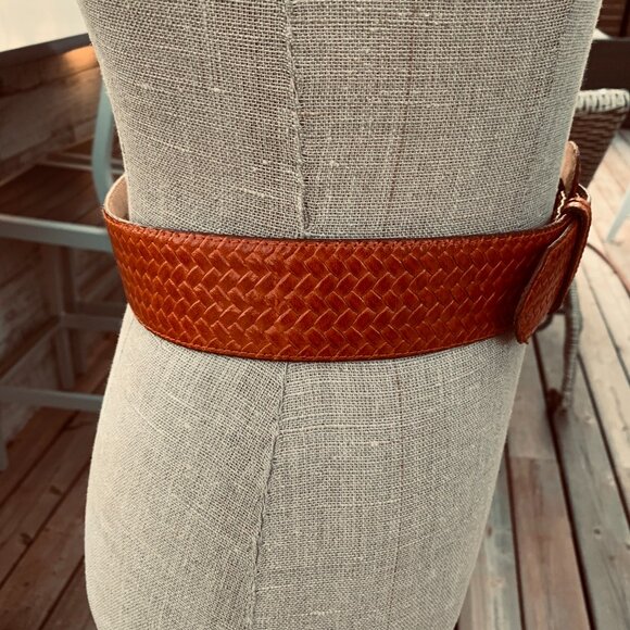 Vintage 90s Ports International Braided Orange Leather Wide Statement Waist Belt - Picture 4 of 14